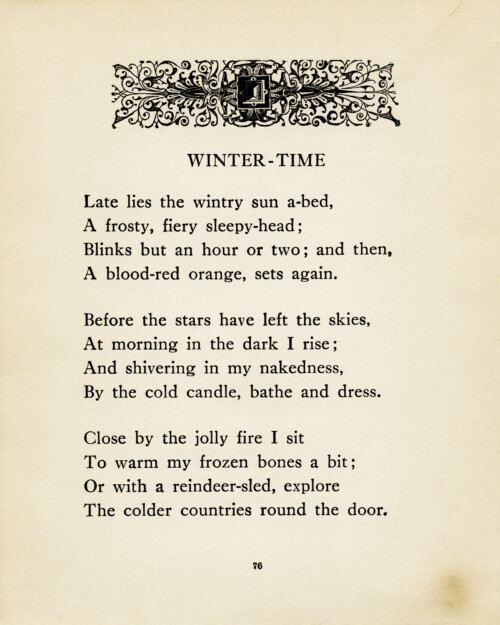 winter time poem, vintage poetry, old book page, robert louis stevenson, child fireplace silhouette