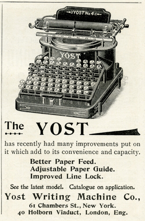 antique typewriter, black and white clipart, old magazine ad, vintage office clipart, yost typewriter illustration