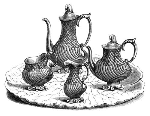 victorian tea set, vintage kitchen clip art, black and white clipart, antique coffee tea service, old fashioned tea party