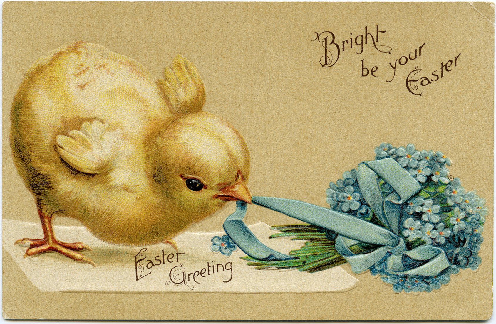vintage easter postcard, chick pulling ribbon, yellow chick blue bouquet, free easter printable, old fashioned easter card