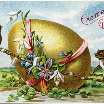 vintage Easter postcard, bunny rabbit egg card, old fashioned Easter image, bunnies push decorated egg, Easter rabbit clipart