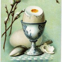 vintage easter postcard, egg in cup, cracked egg pussy willows image, printable easter, old easter card, vintage food clip art