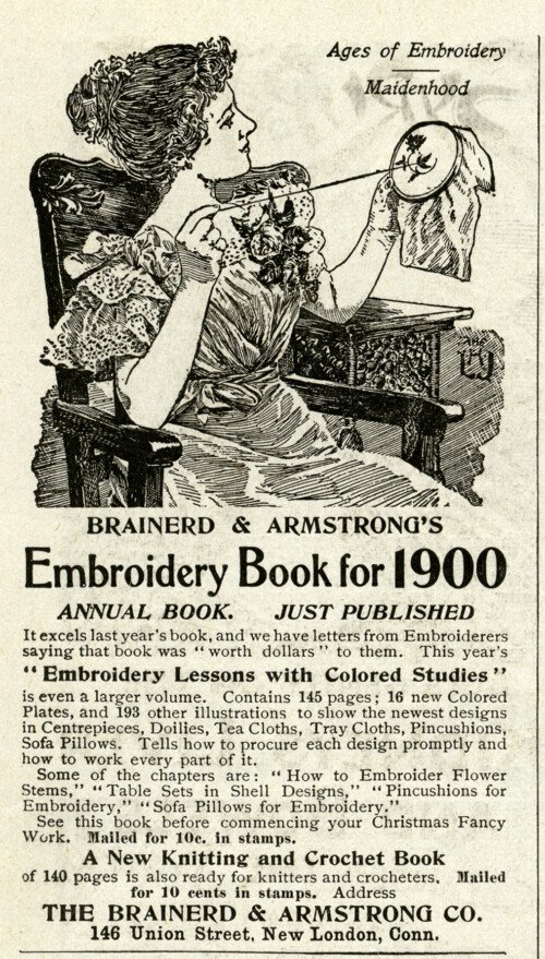 vintage sewing clipart, black and white clip art, lady doing embroidery work, brainerd & armstrong co, old magazine ad, free sewing printable