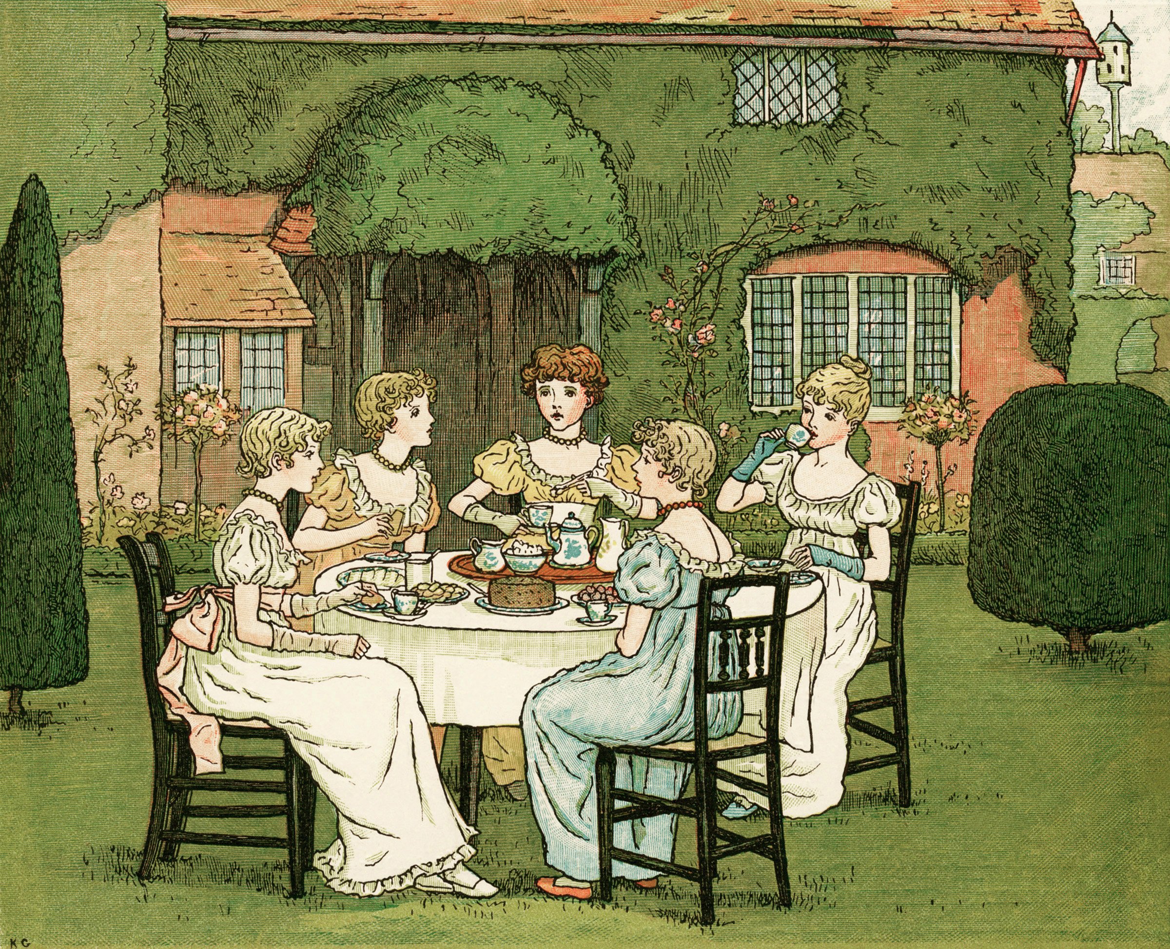 kate greenaway, the tea party, vintage storybook image, Victorian girls tea party, vintage garden party, Marigold Garden