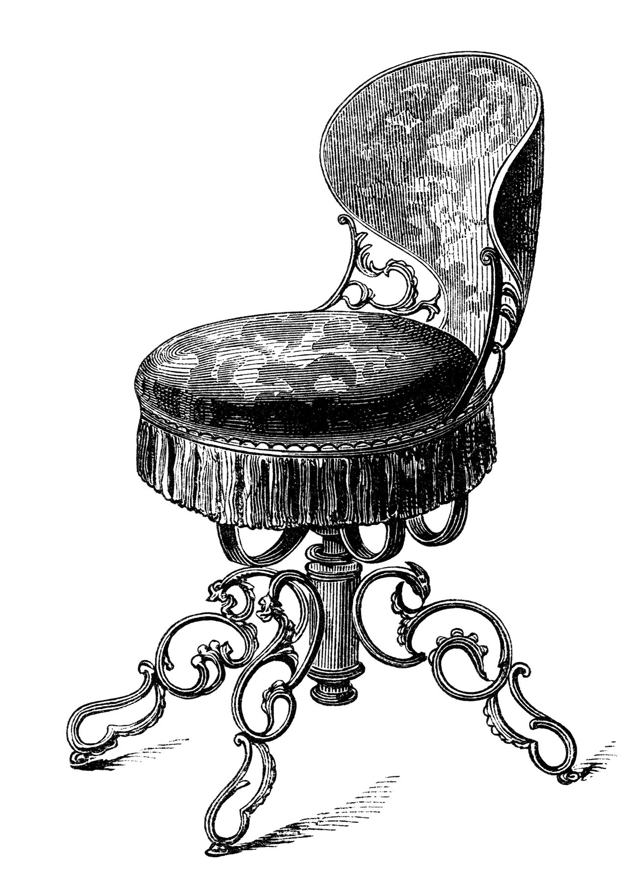 antique music chair, swivel music seat, black and white clip art, vintage chair engraving, old fashioned chair clipart