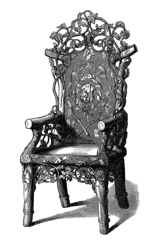 rustic chair clip art, chair engraving, black and white clipart, old fashioned furniture, victorian chair