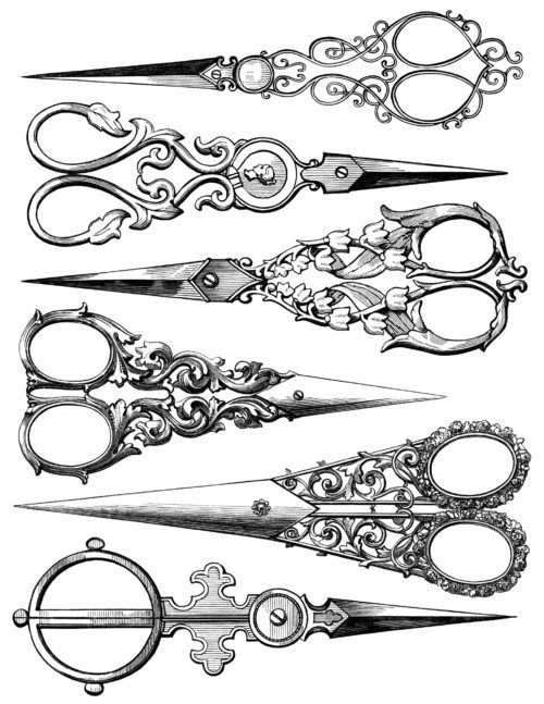 vintage sewing clipart, black and white clip art, old fashioned antique scissors, sewing printable, free digital collage sheet