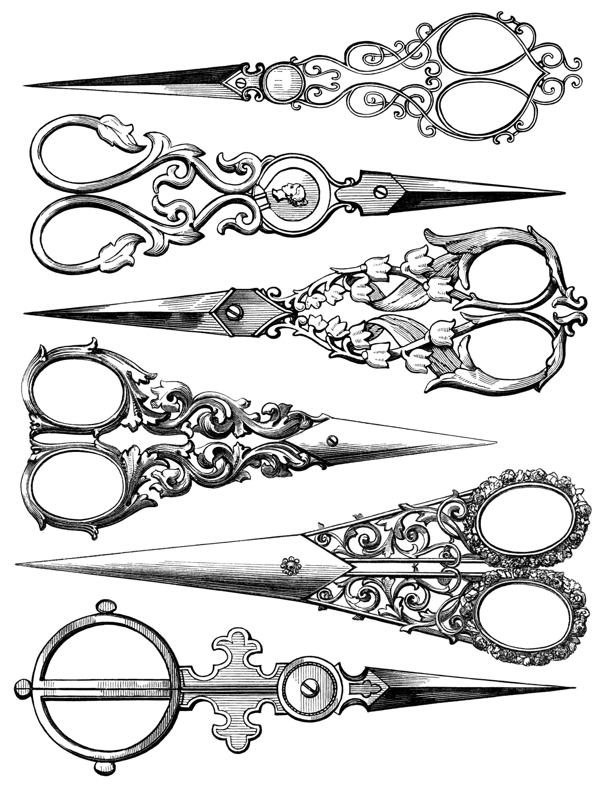 vintage sewing clipart, black and white clip art, old fashioned antique scissors, sewing printable, free digital collage sheet