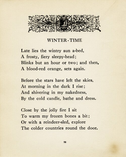 winter time poem, vintage poetry, old book page, robert louis stevenson, child fireplace silhouette