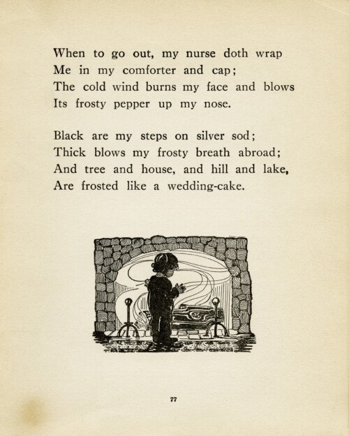 winter time poem, vintage poetry, old book page, robert louis stevenson, child fireplace silhouette