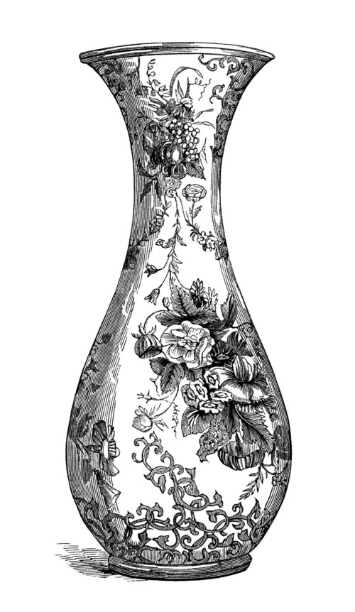 black and white clip art, free vintage image, floral vase, vase engraving, victorian vase clip art, old fashioned vase