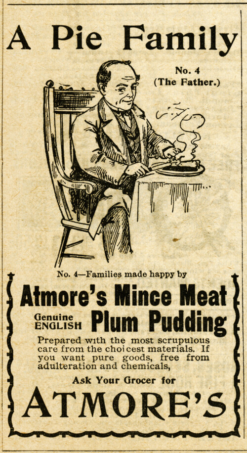 vintage magazine ad, atmore mince meat, old fashioned advertising, man eating pie clipart, vintage food clip art, atmore’s pie family father
