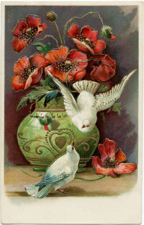 vintage postcard best wishes, poppies and birds clip art, printable postcard graphic, old postcard art, flowers doves vintage image