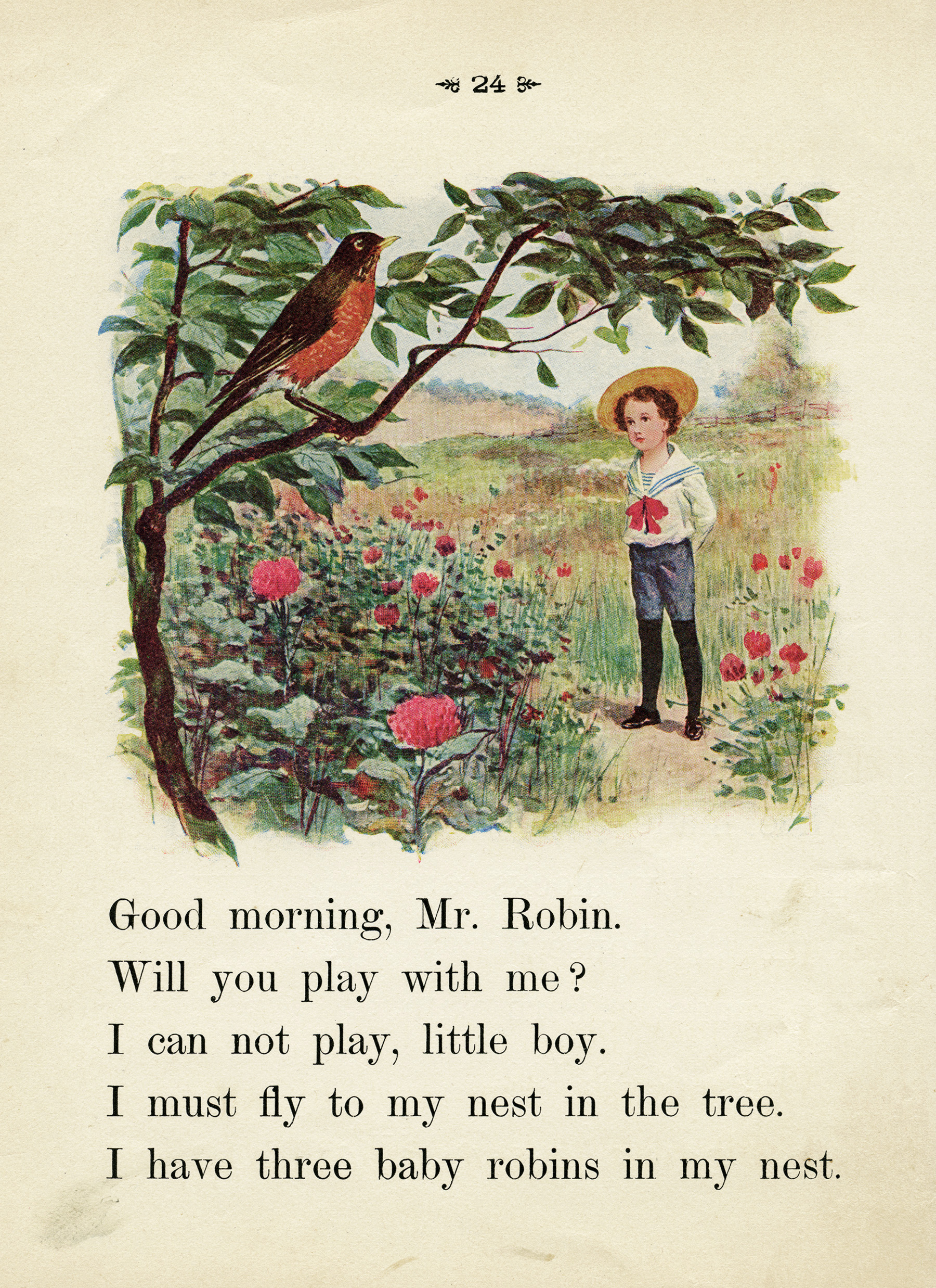 robin in tree, vintage school reader page, old book page, boy talking to bird, vintage child clipart, vintage summer printable