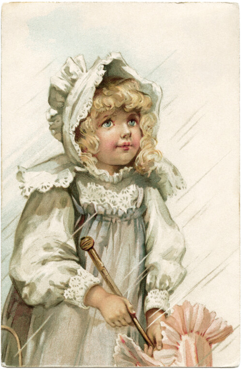 victorian girl postcard, girl in rain image, free vintage ephemera, old fashioned girl dress bonnet, antique postcard child, frances brundage card