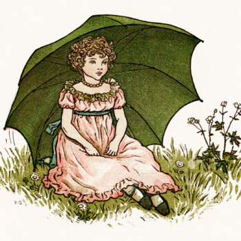Kate Greenaway, Marigold Garden, little London girl, girl sitting on grass, Victorian girl, girl green umbrella, vintage storybook image