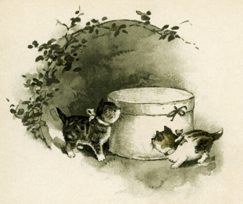 vintage kittens clip art, storybook illustration, free kitten printable, cats hat box image, cat clipart