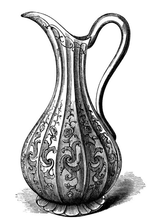 vintage jug clipart, old fashioned pitcher, black and white clipart, victorian pouring pitcher, floral engraved jug, antique jug illustration