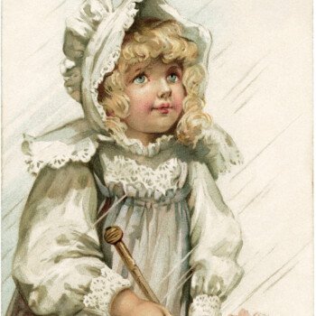 victorian girl postcard, girl in rain image, free vintage ephemera, old fashioned girl dress bonnet, antique postcard child, frances brundage card