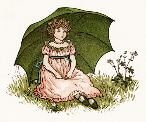 Kate Greenaway, Marigold Garden, little London girl, girl sitting on grass, Victorian girl, girl green umbrella, vintage storybook image