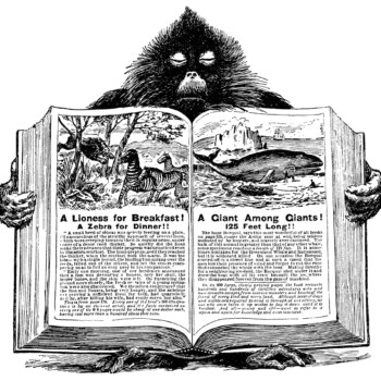 baboon holding book, unique vintage clipart, black and white graphics, open book blank pages