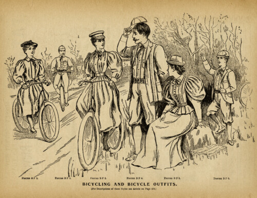 Victorian fashion illustration, bicycle and bicycling outfits 1895, black and white clip art, antique bike clipart, Victorian people image
