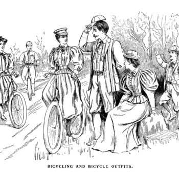 Victorian fashion illustration, bicycle and bicycling outfits 1895, black and white clip art, antique bike clipart, Victorian people image