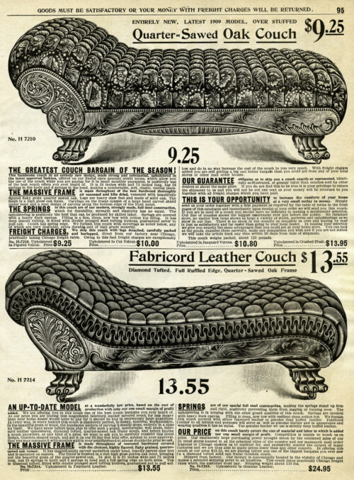 Victorian couch image, antique furniture clipart, black and white clip art, old catalog page, old fashioned sofa graphics