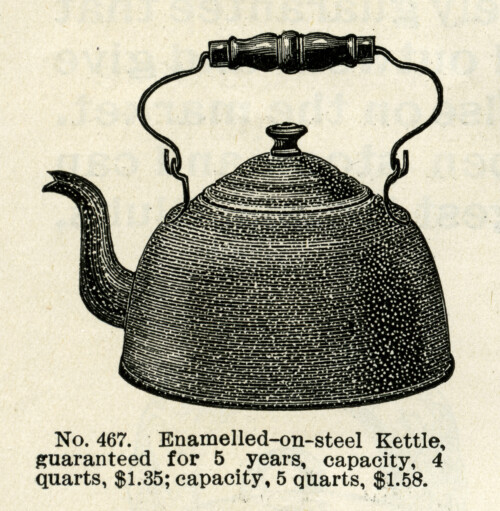 black and white clip art, enamel kettle illustration, vintage kitchen graphics, antique kettle clipart, old catalogue ad