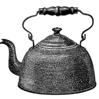 black and white clip art, enamel kettle illustration, vintage kitchen graphics, antique kettle clipart, old catalogue ad