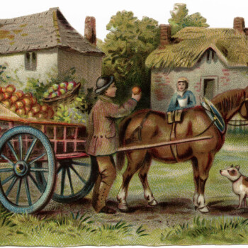 vintage farm clip art, printable farm horse illustration, horse drawn apple cart, farmer selling apples, Victorian country scene