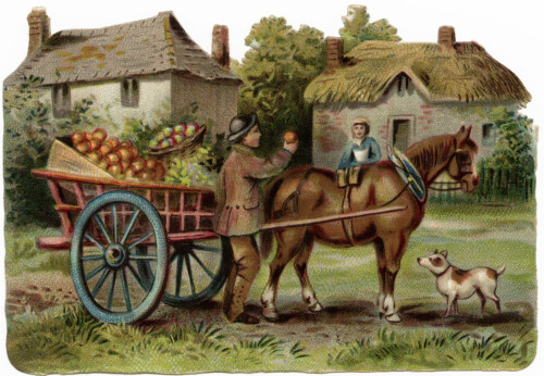 vintage farm clip art, printable farm horse illustration, horse drawn apple cart, farmer selling apples, Victorian country scene