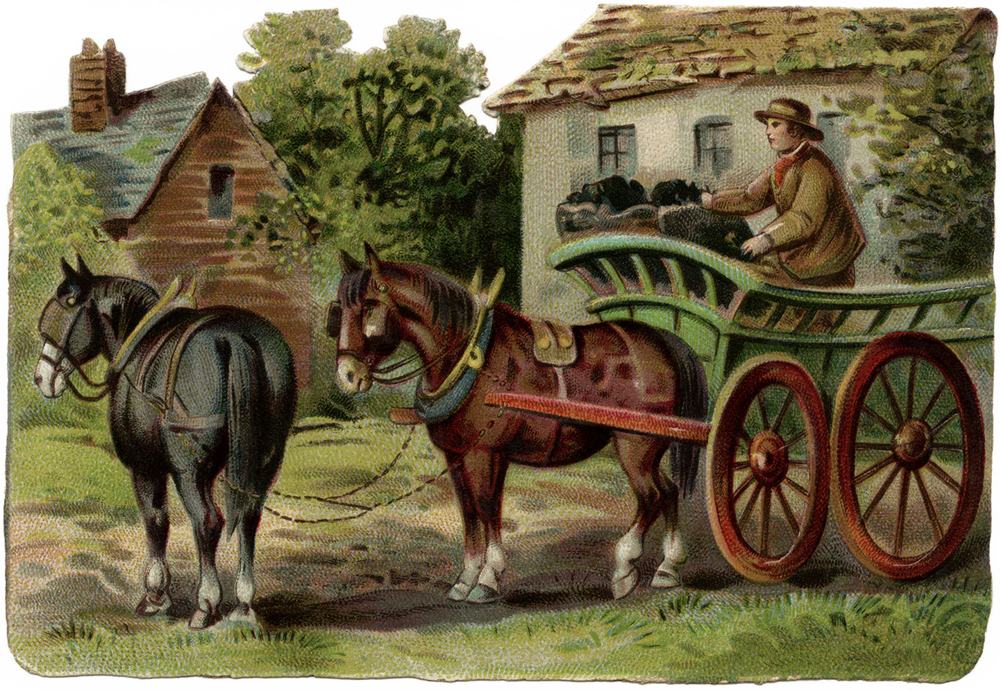 Victorian farm scene, horse drawn wagon clipart, old fashioned farmer, vintage farm clip art free, coal wagon image