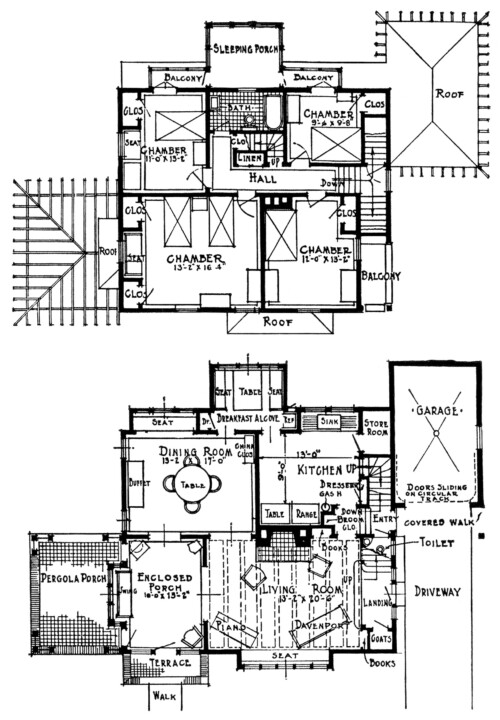 vintage floor plan, vintage house clipart, black and white graphics, early home attached garage, 1920 house and plans
