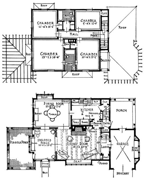 vintage floor plan, vintage house clipart, black and white graphics, early home attached garage, 1920 house and plans