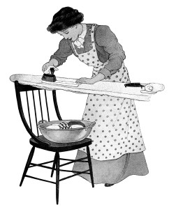 old fashioned ironing, vintage housework clipart, old fashioned laundry, woman ironing clothes graphics, black and white clip art free