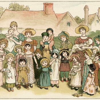 Kate Greenaway, street show, vintage storybook image, children’s printable, Victorian people story illustration