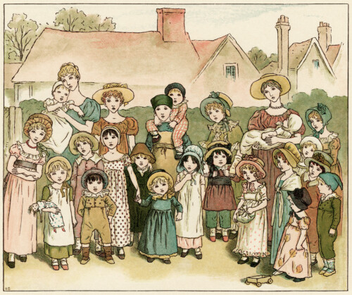 Kate Greenaway, street show, vintage storybook image, children’s printable, Victorian people story illustration