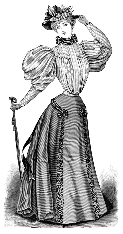 Victorian lady, vintage dress clipart, Edwardian fashion image, black and white graphics, antique womens clothes, Victorian gown illustration