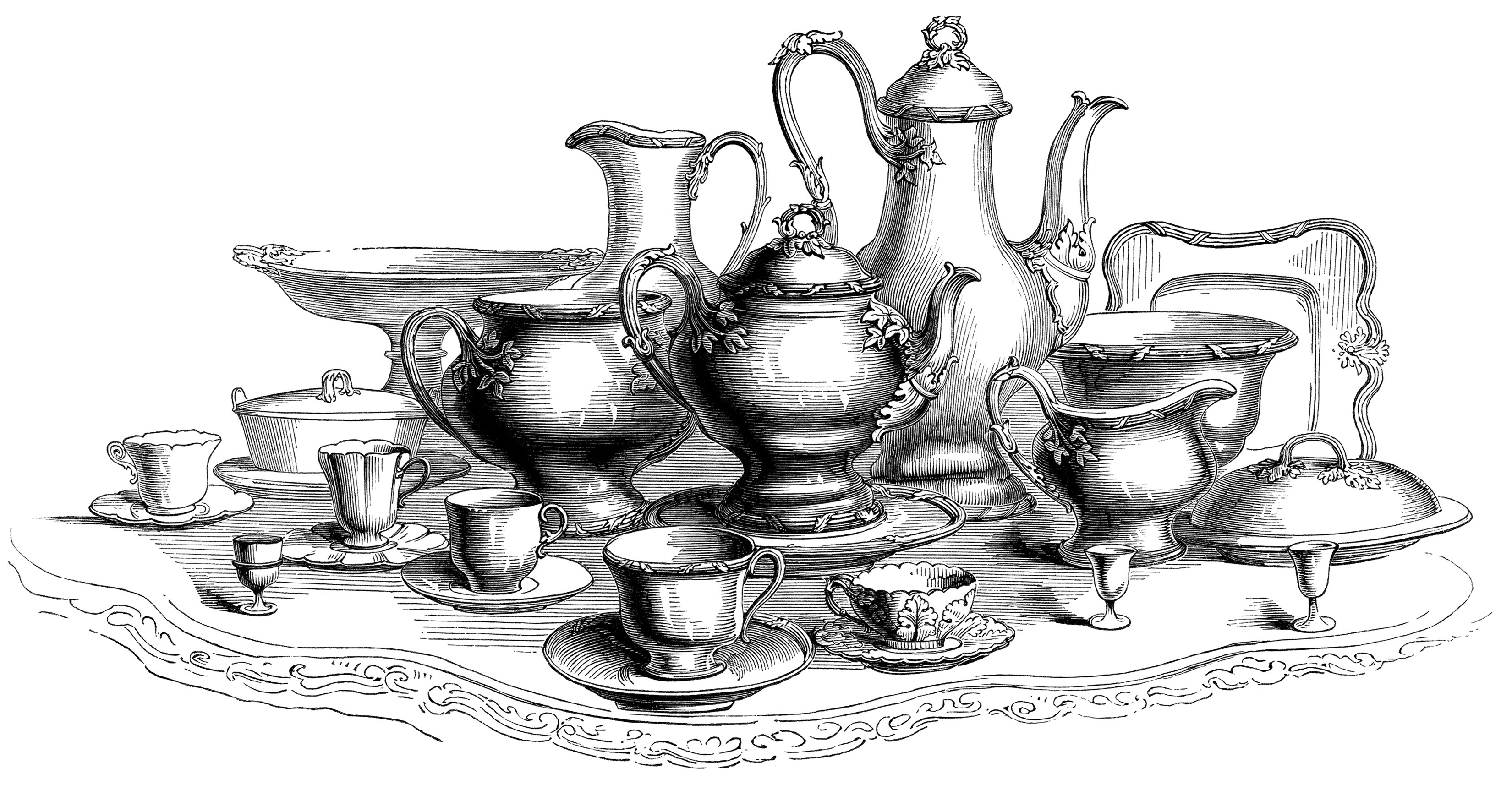 vintage tea set clipart, black and white graphics, kitchen dish clip art, tea service engraving, coffee tea public domain image