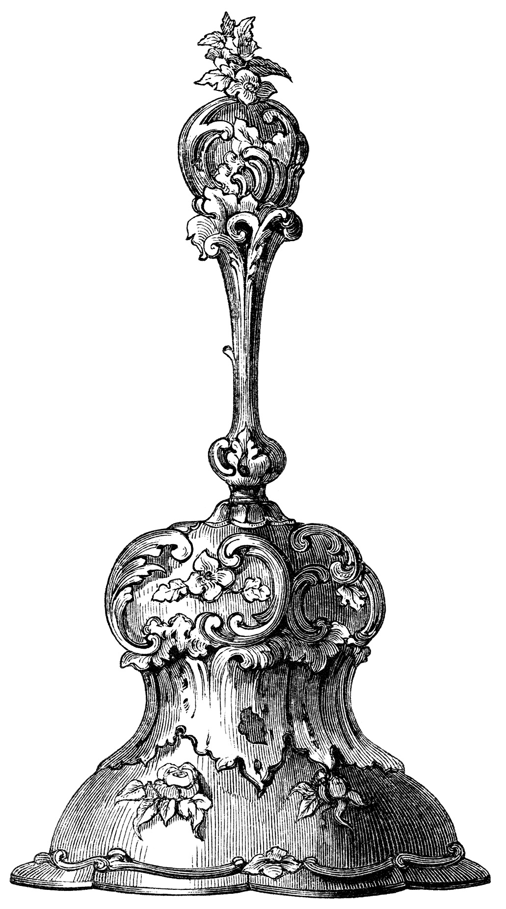 antique hand bell illustration, black and white clipart, old fashioned bell, vintage hand bell clip art