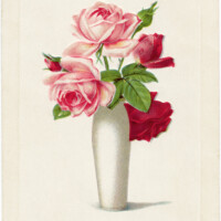 vintage roses clipart, roses in vase printable, old postcard flowers, digital floral graphics, red pink rose image