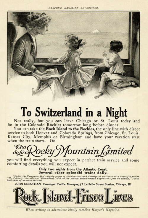 vintage magazine advertising, rocky mountain limited, rock island frisco lines, Victorian mother and children, vintage train clip art