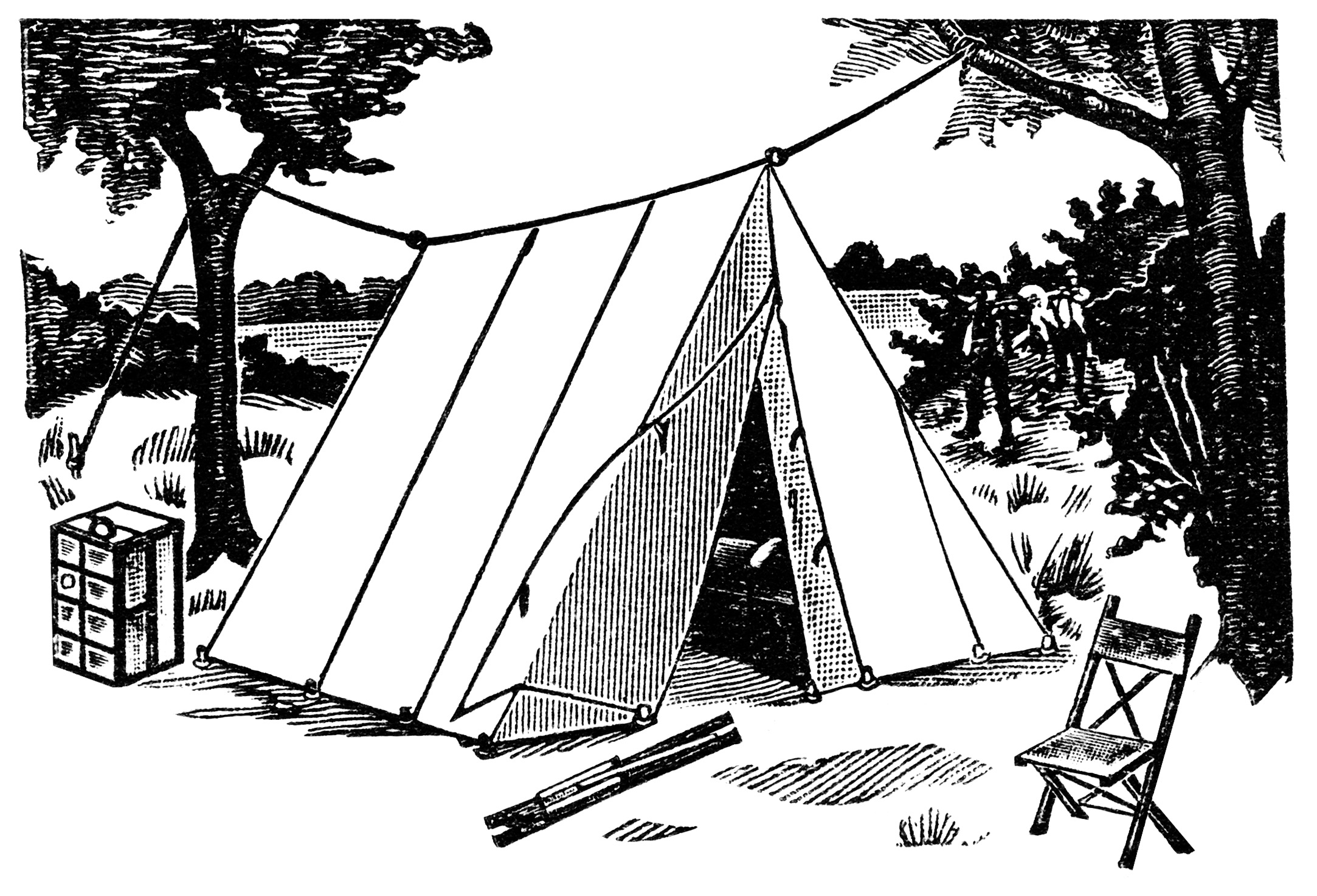 old fashioned tent, vintage camping clipart, wedge tent illustration, black and white clip art, antique catalogue advertising