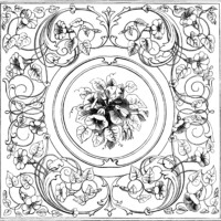 black and white clip art, ornate swirl design, ornamental floral sketch, old fashioned embroidery pattern, vintage fancy frame