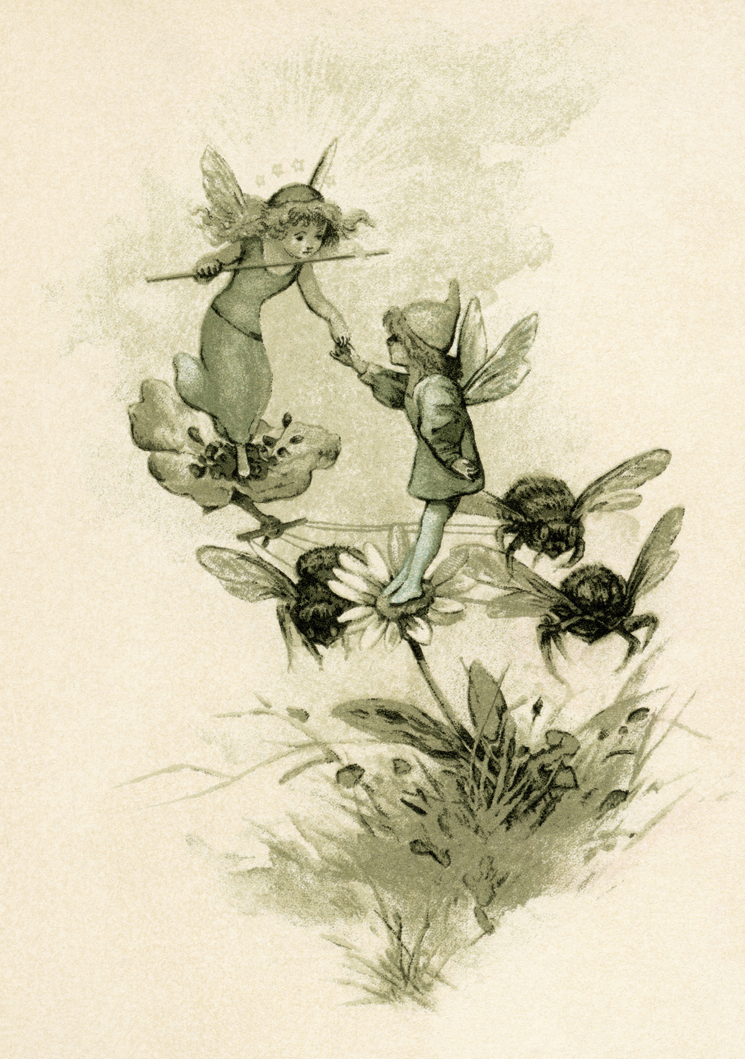 fairy clip art, free children’s printable, storybook illustration, vintage fairies and bees image, round robin Hoyer Mack