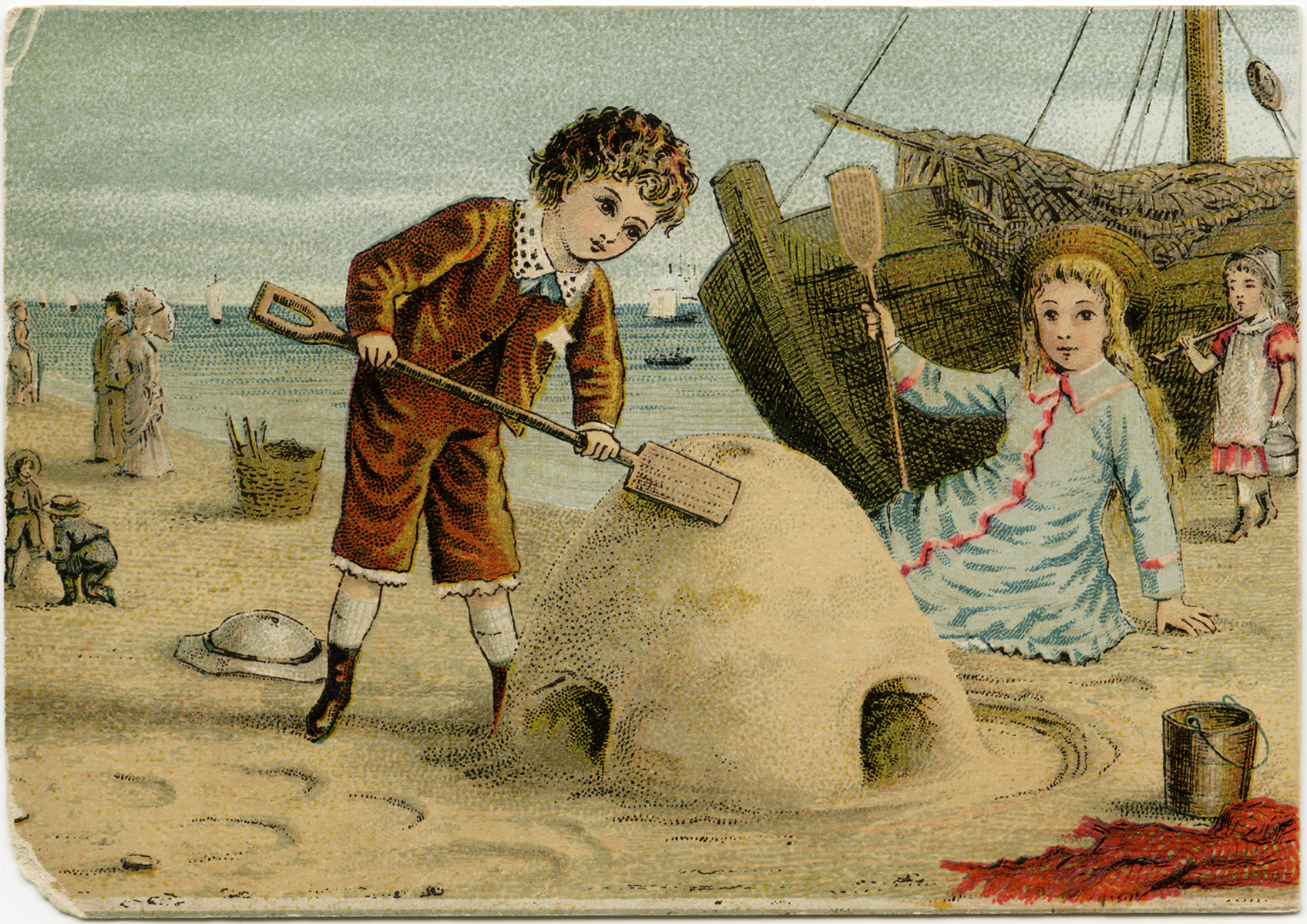 victorian beach scene, children build sand castle, vintage summer clipart, old fashioned beach image, antique printable card kids