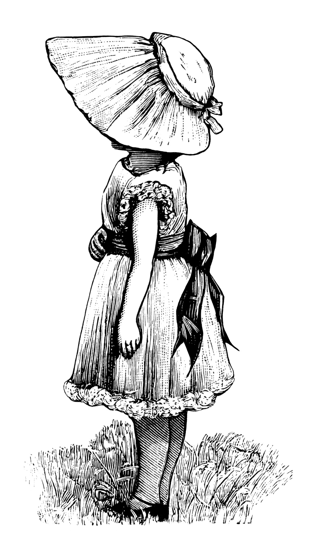 Victorian girl, vintage sunbonnet clipart, black and white clip art, Victorian child illustration, girl dress bonnet image