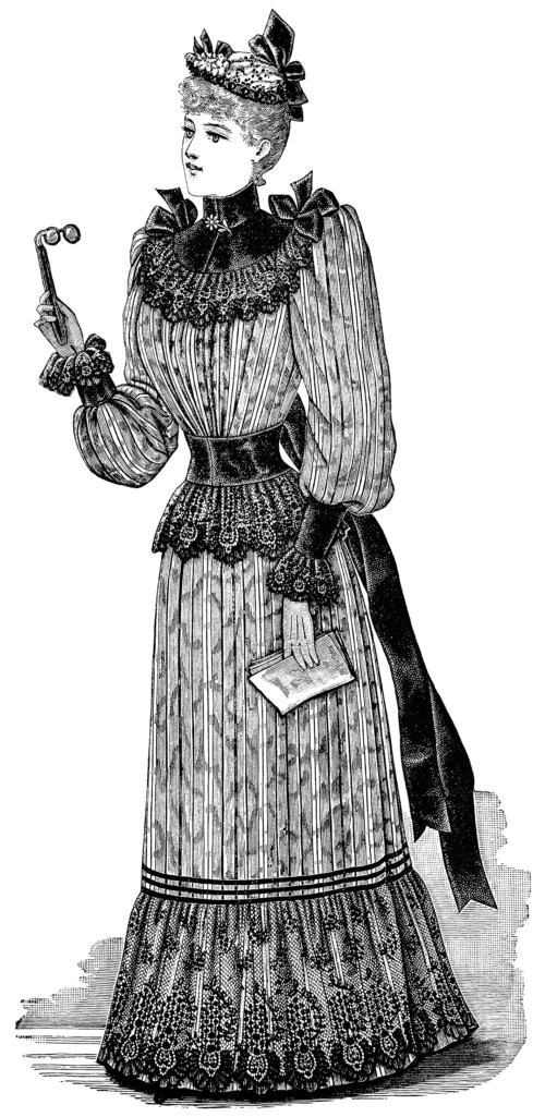 Victorian lady, black and white graphics, Edwardian ladies fashion, vintage opera fashion, antique dress illustration