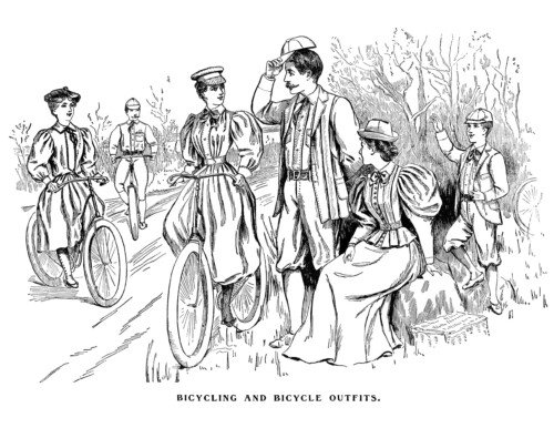 Victorian fashion illustration, bicycle and bicycling outfits 1895, black and white clip art, antique bike clipart, Victorian people image